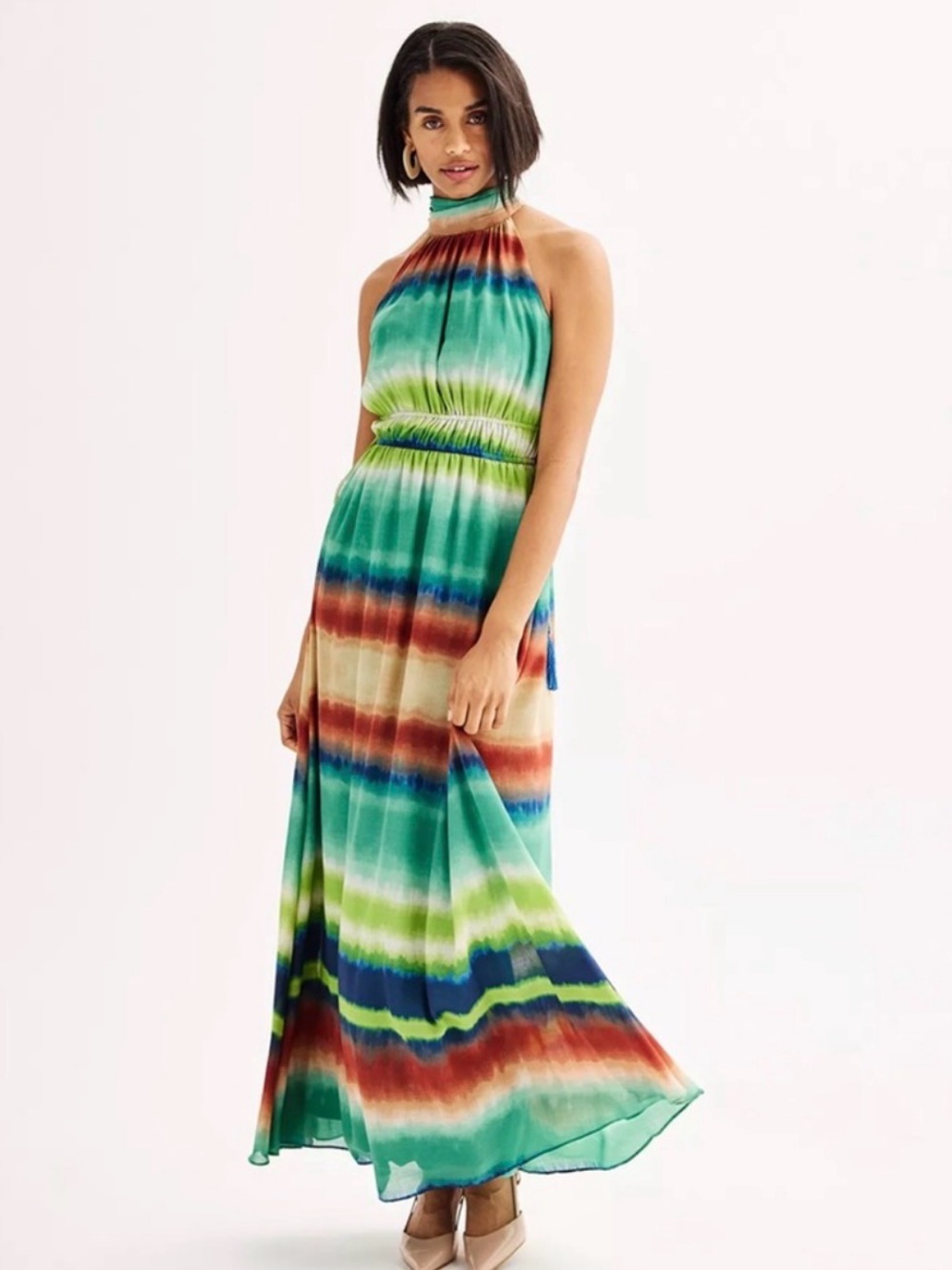 Taylor Multicolor Striped Maxi Dress in Teal, Green, Blue, Rust